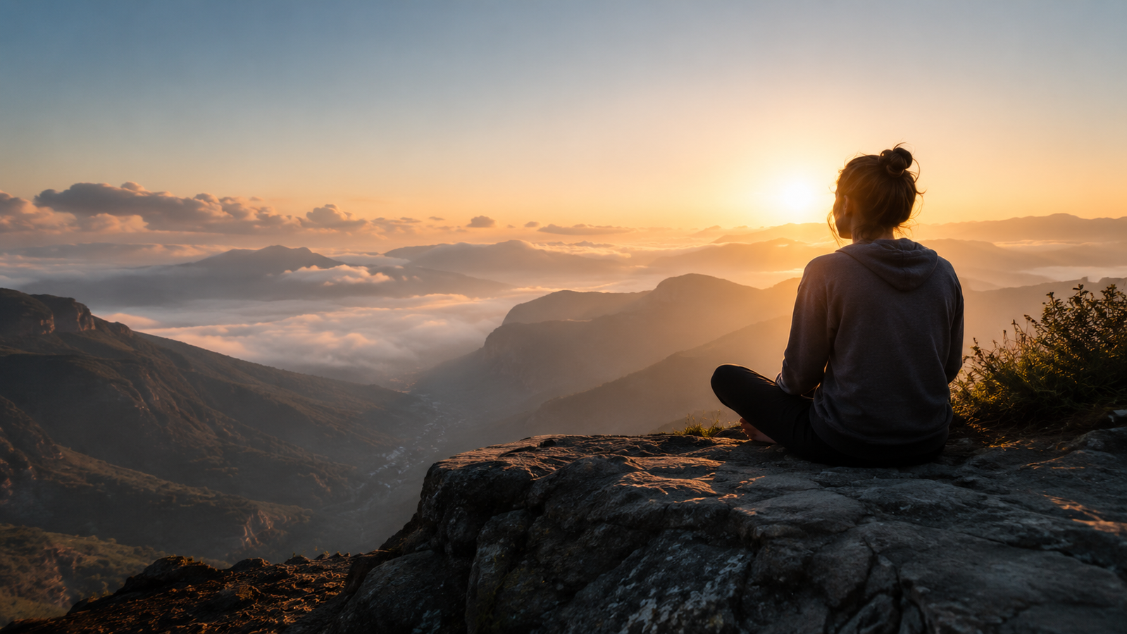 Pessoa contemplando montanhas ao amanhecer